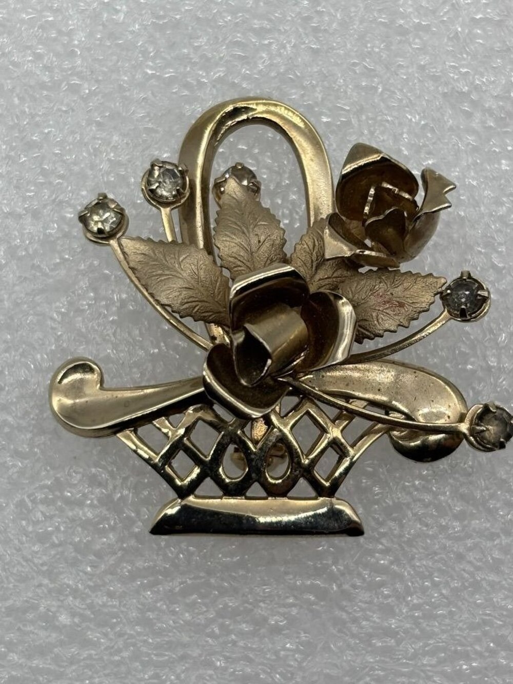 Vintage Basket of Roses Brooch Pin Polished Etched Gold Tone Rhinestone Unsigned